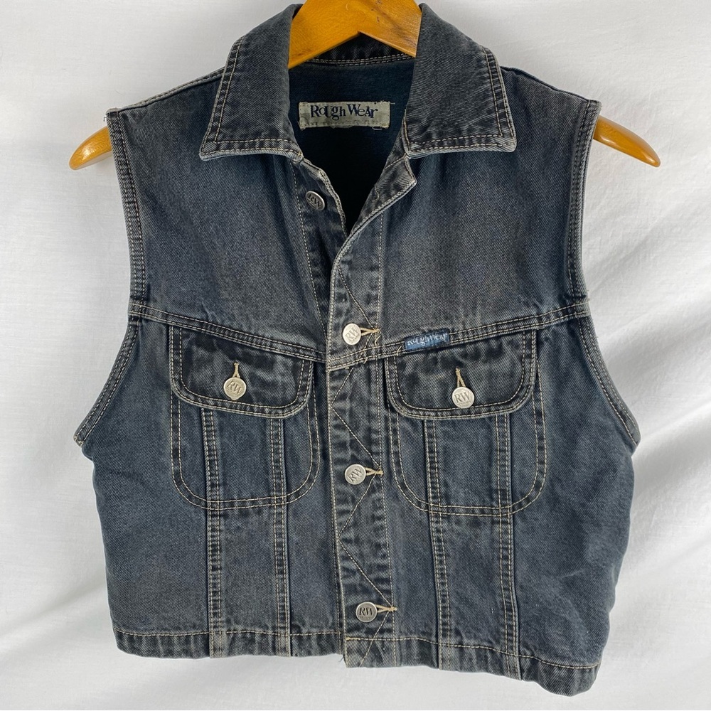 VTG Rough Wear faded black to gray denim cropped denim vest 100% cotton Medium